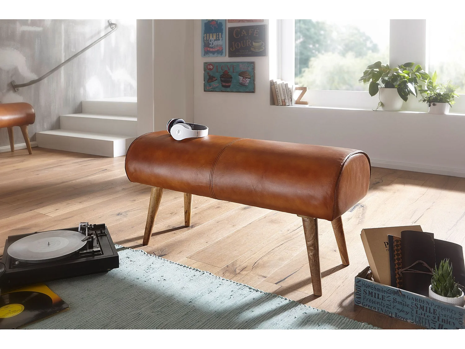 banc cuir véritable / banc bois massif 100x53x40 cm | Banquette 2 places rembourré hall springbok