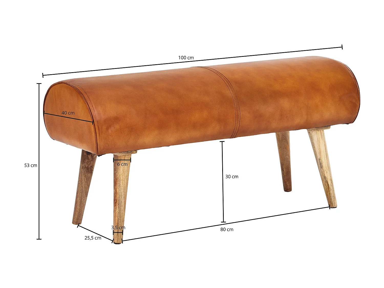 banc cuir véritable / banc bois massif 100x53x40 cm | Banquette 2 places rembourré hall springbok