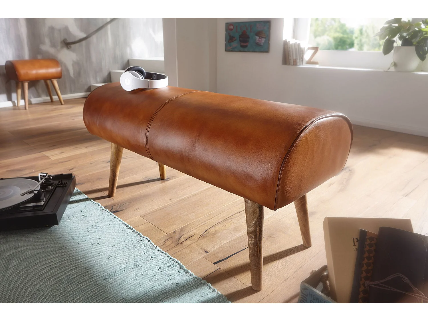 banc cuir véritable / banc bois massif 100x53x40 cm | Banquette 2 places rembourré hall springbok