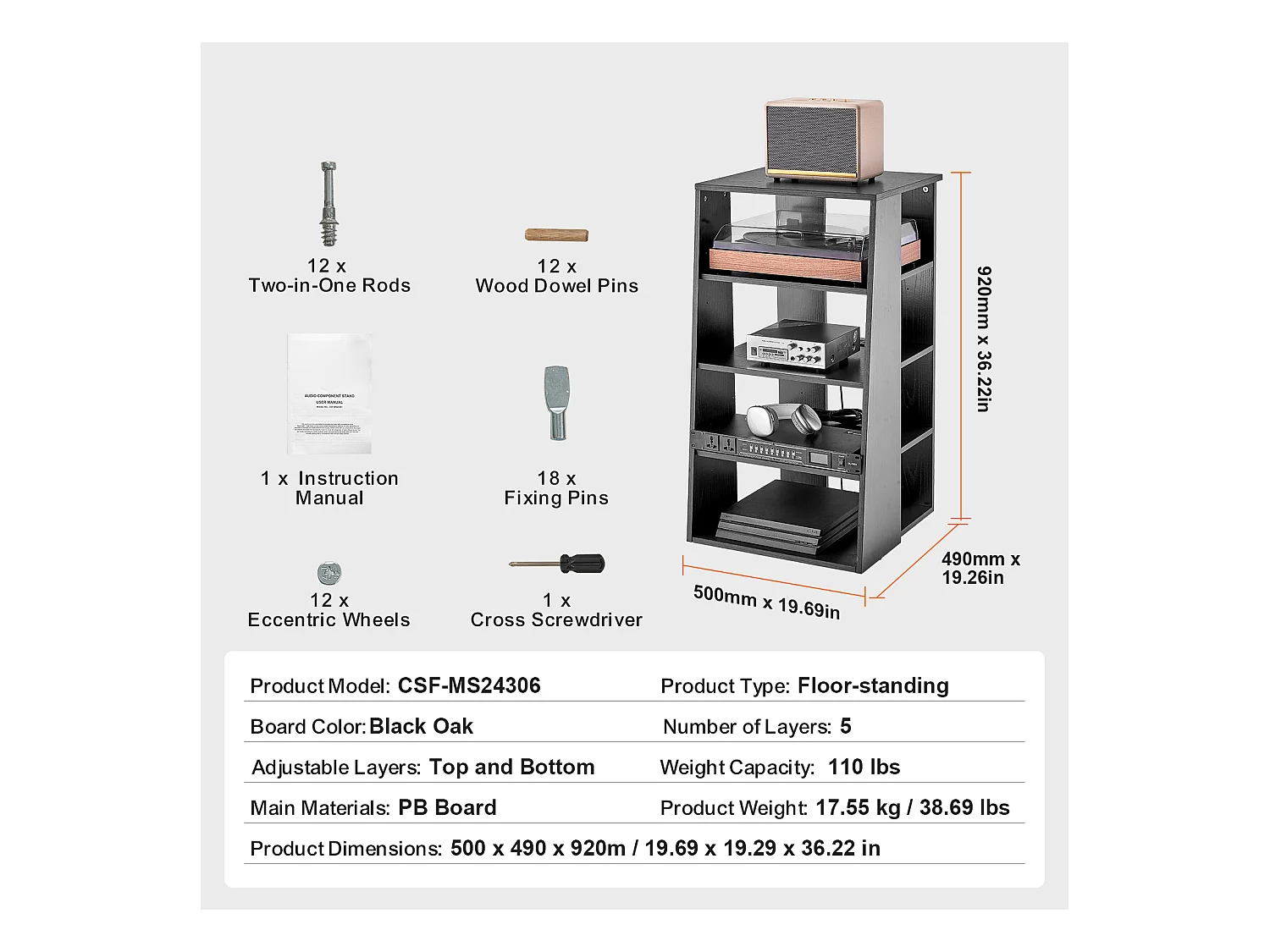 Meuble SucceBuy Support Multimédia AV à 5 Niveaux , Support Audio-Vidéo en Bois Réglable en Hauteur