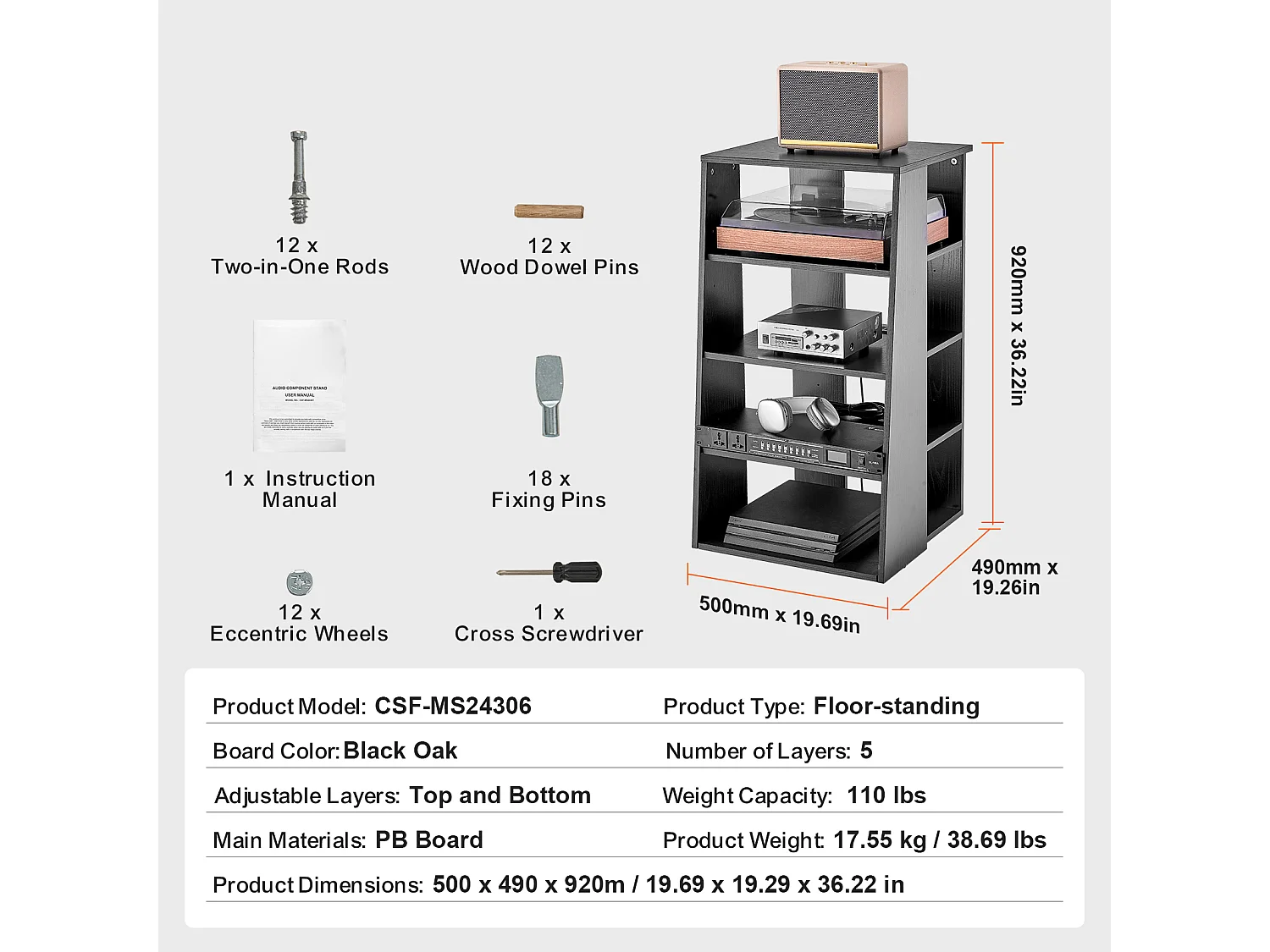 Meuble SucceBuy Support Multimédia AV à 5 Niveaux , Support Audio-Vidéo en Bois Réglable en Hauteur