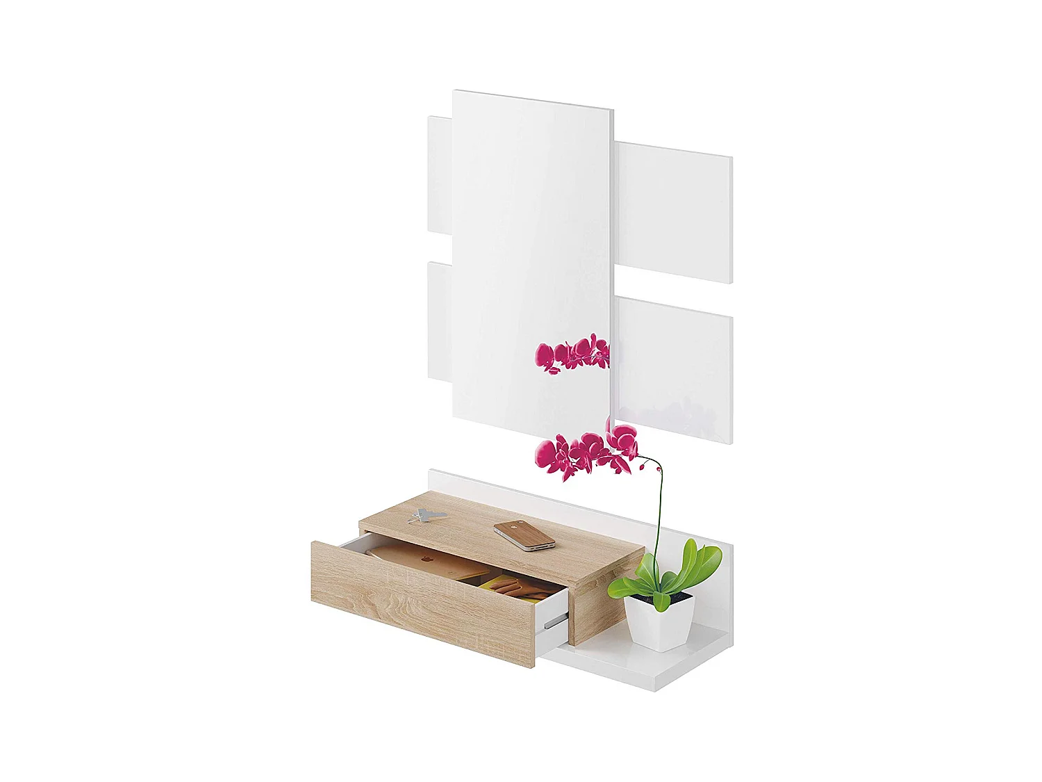 Mobiletto Per Ingresso Con Cassetto Specchio Sospeso Mobile Di Design Moderno Con Vano Porta Accessori Corridoio Soggiorno 75x116x29 Cm Rovere Bianco