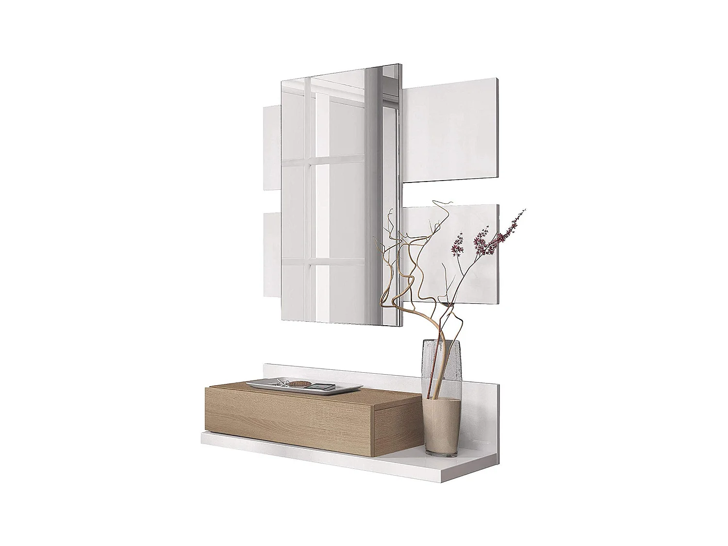 Mobiletto Per Ingresso Con Cassetto Specchio Sospeso Mobile Di Design Moderno Con Vano Porta Accessori Corridoio Soggiorno 75x116x29 Cm Rovere Bianco