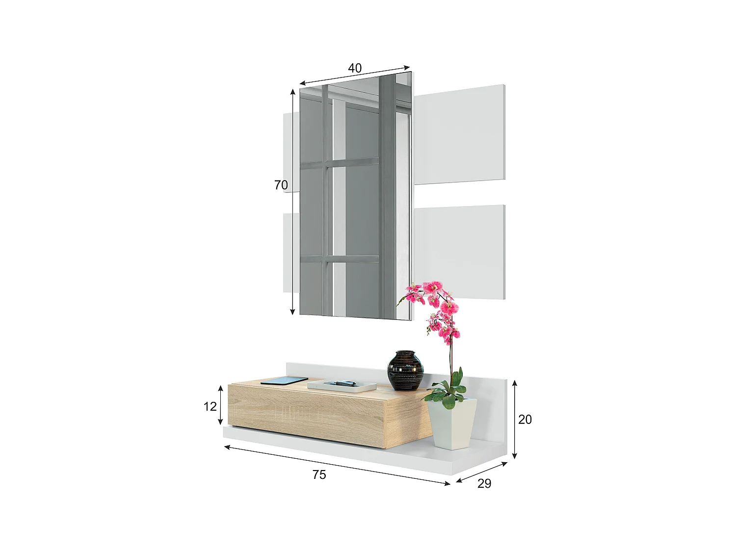 Mobiletto Per Ingresso Con Cassetto Specchio Sospeso Mobile Di Design Moderno Con Vano Porta Accessori Corridoio Soggiorno 75x116x29 Cm Rovere Bianco