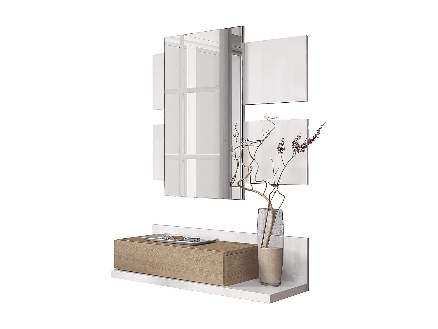 Mobiletto Per Ingresso Con Cassetto E Specchio Sospeso Valdemossa Mobile Di Design Moderno Parete Attrezzata Per Corridoio Soggiorno 75 x 116 x 29 Cm Rovere Bianco