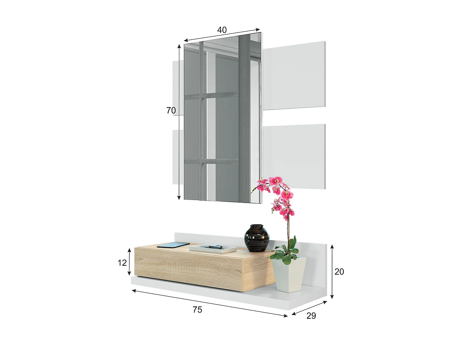 Mobiletto Per Ingresso Con Cassetto E Specchio Sospeso Valdemossa Mobile Di Design Moderno Parete Attrezzata Per Corridoio Soggiorno 75 x 116 x 29 Cm Rovere Bianco