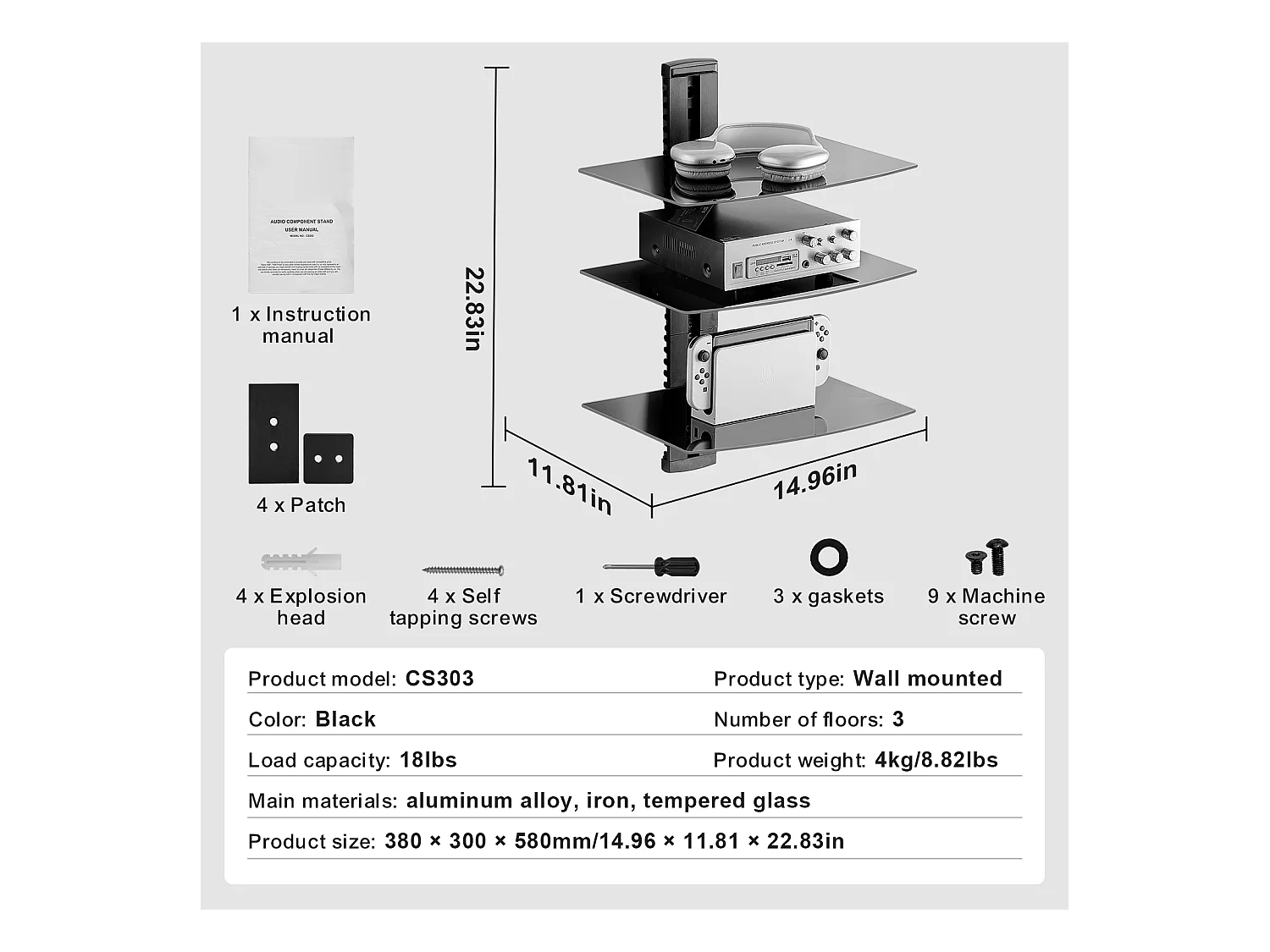 Mobile SucceBuy Pianchette a Sospensione in Vetro a 3 Livelli , Supporto Murale per Televisore, Sopporta 8KG, Nero