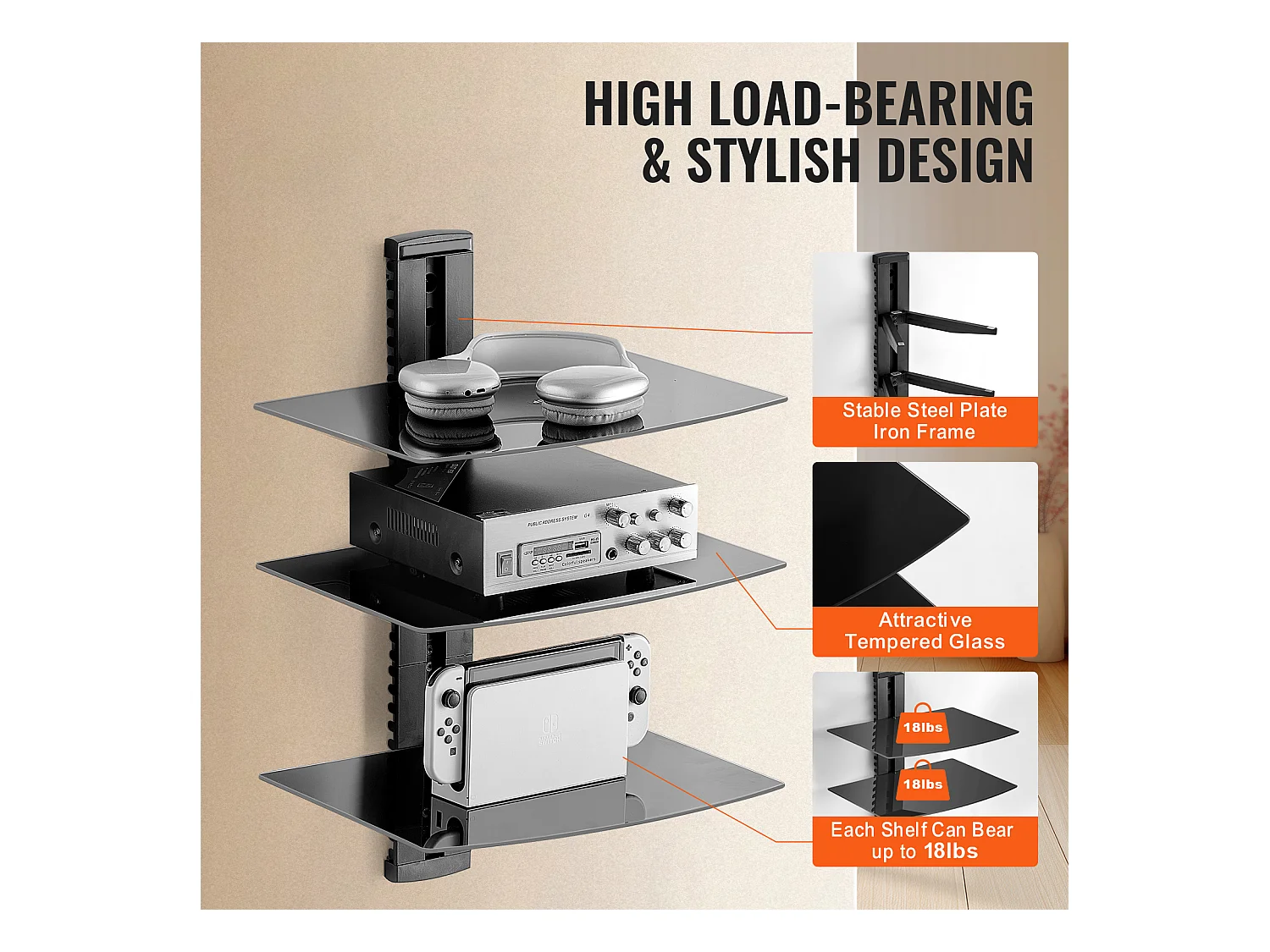 Mobile SucceBuy Pianchette a Sospensione in Vetro a 3 Livelli , Supporto Murale per Televisore, Sopporta 8KG, Nero