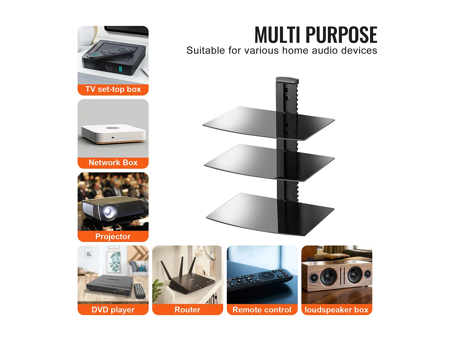 Mobile SucceBuy Pianchette a Sospensione in Vetro a 3 Livelli , Supporto Murale per Televisore, Sopporta 8KG, Nero