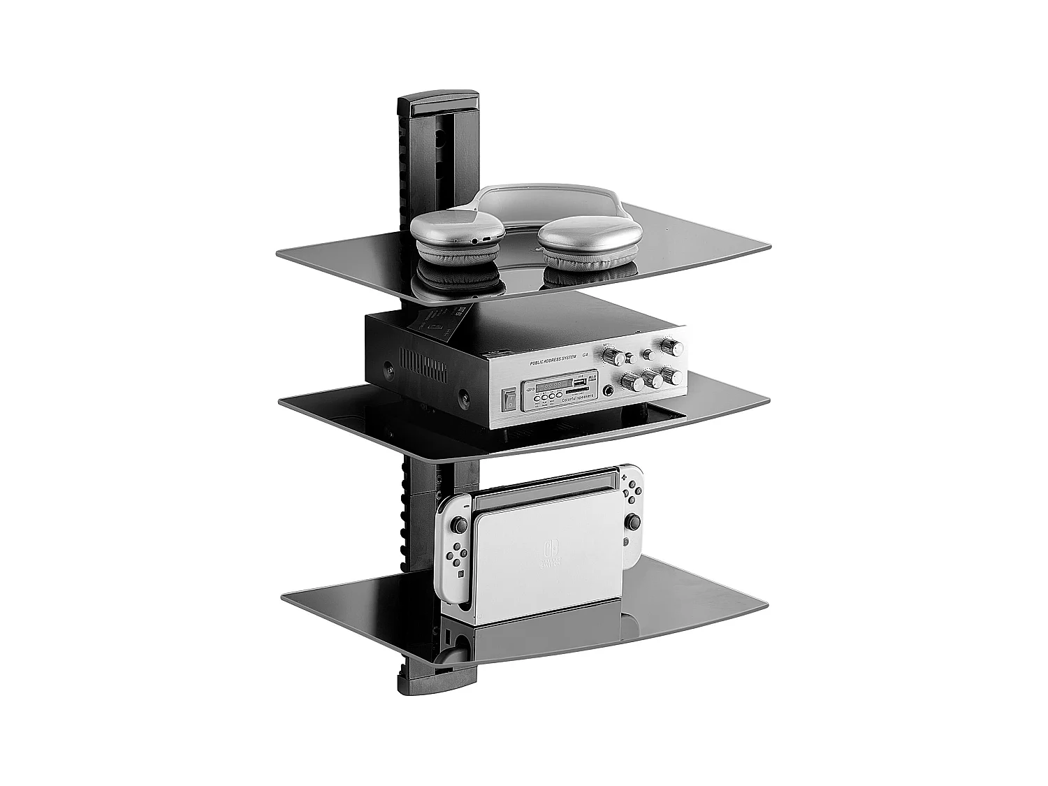 Mobile SucceBuy Pianchette a Sospensione in Vetro a 3 Livelli , Supporto Murale per Televisore, Sopporta 8KG, Nero