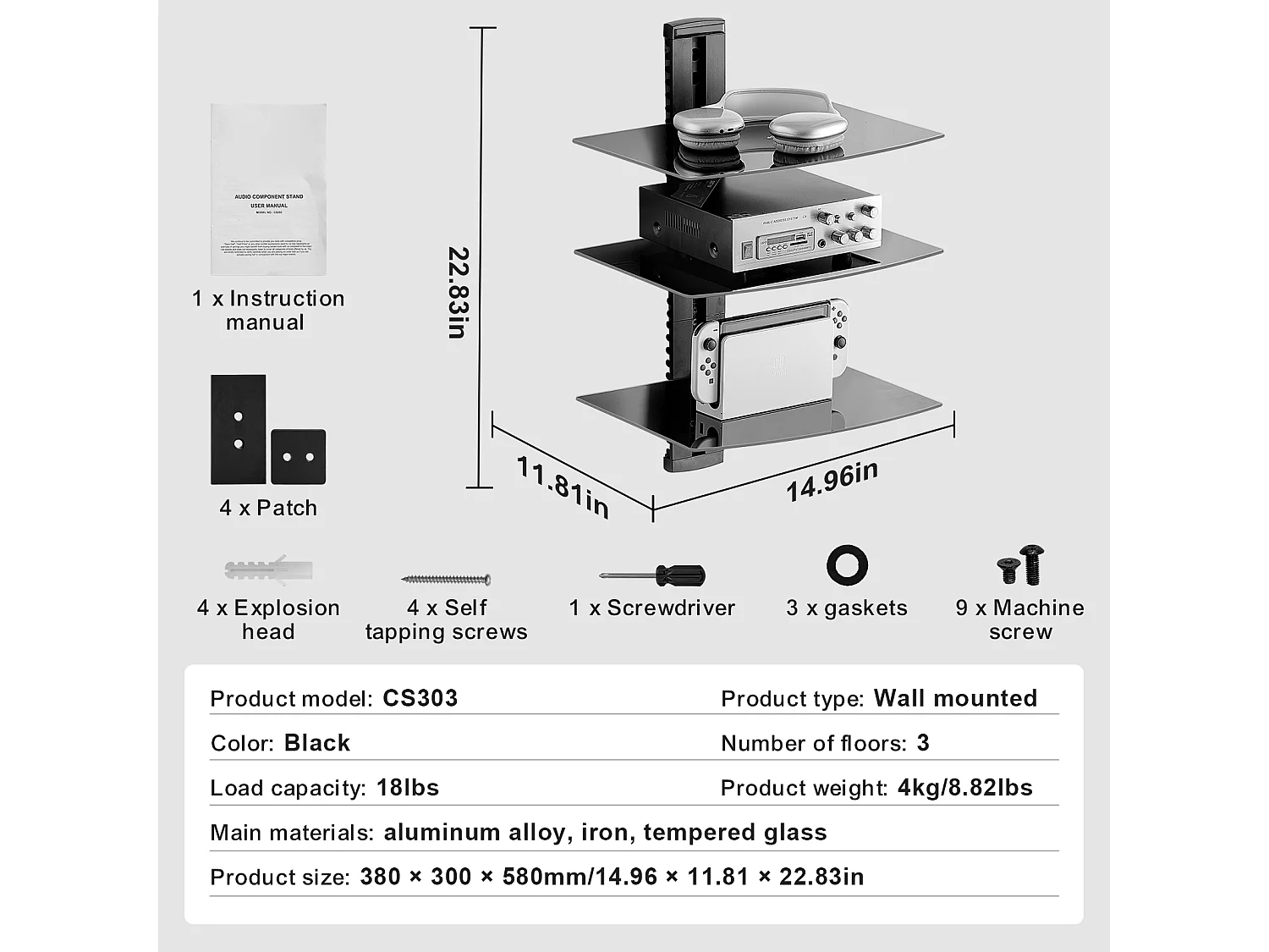 Meuble SucceBuy Étagères Flottantes en Verre à 3 Niveaux , Support Mural pour Téléviseur, Supporte 8KG, Noir