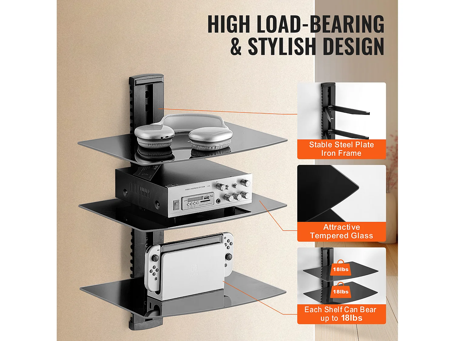Meuble SucceBuy Étagères Flottantes en Verre à 3 Niveaux , Support Mural pour Téléviseur, Supporte 8KG, Noir