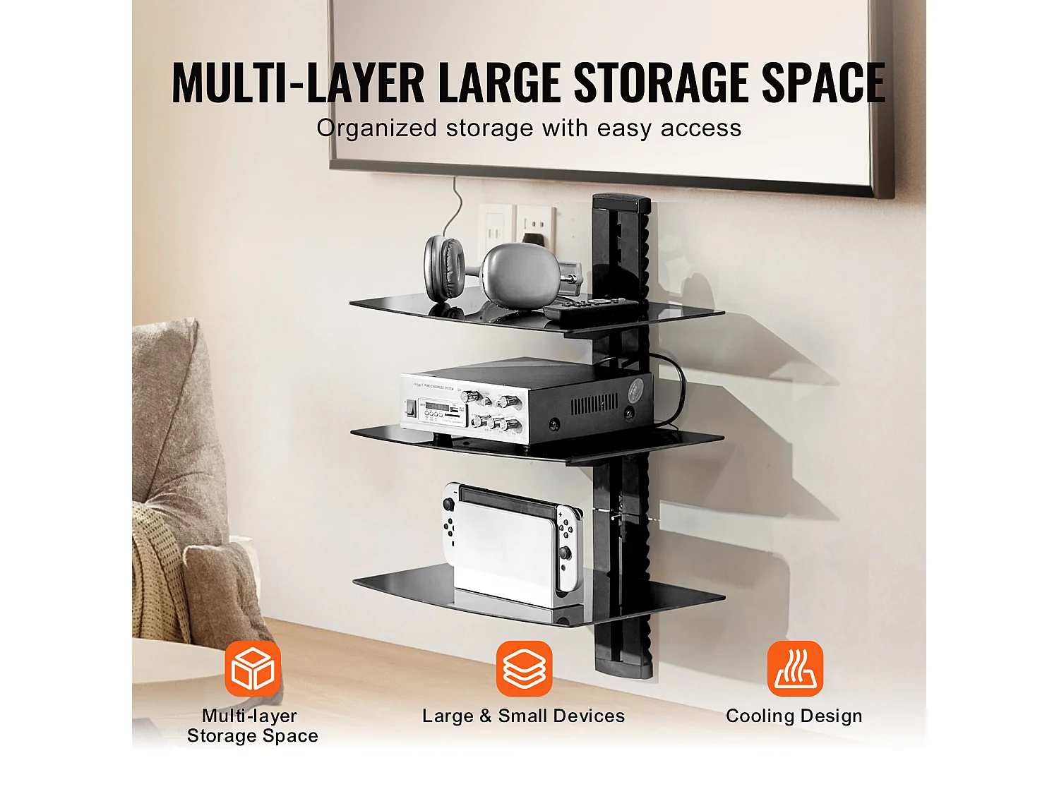 Meuble SucceBuy Étagères Flottantes en Verre à 3 Niveaux , Support Mural pour Téléviseur, Supporte 8KG, Noir