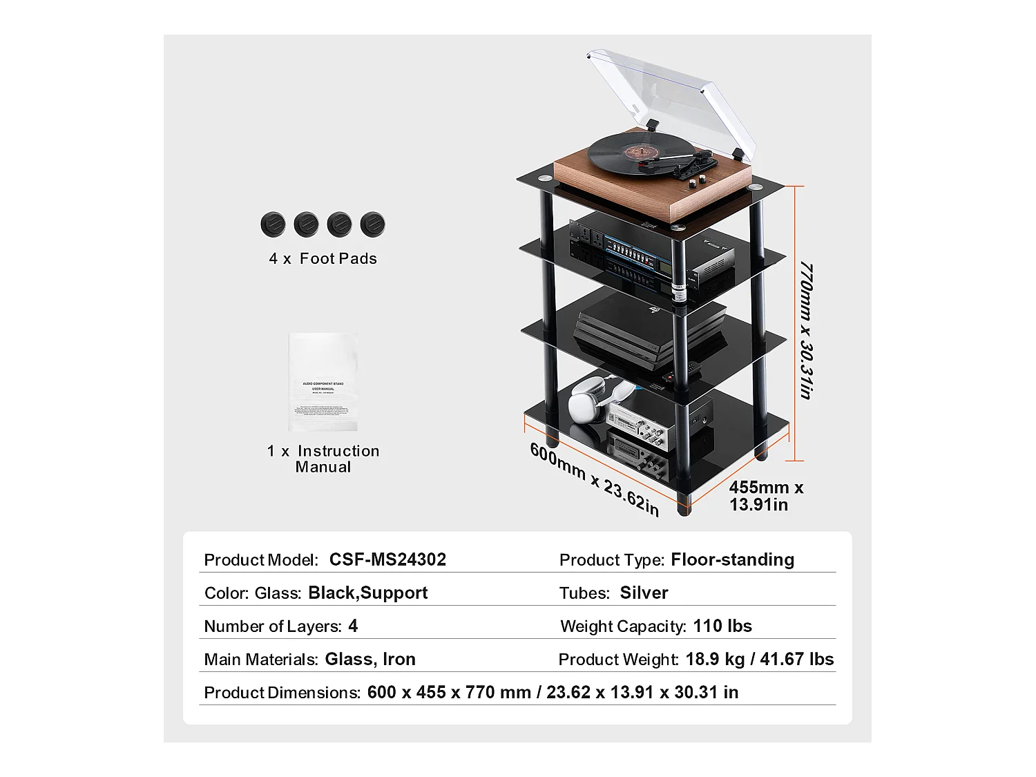Meuble SucceBuy Support Multimédia AV à 4 Niveaux , Étagère Audio/Video en Verre Trempé pour le Stockage Multimédia