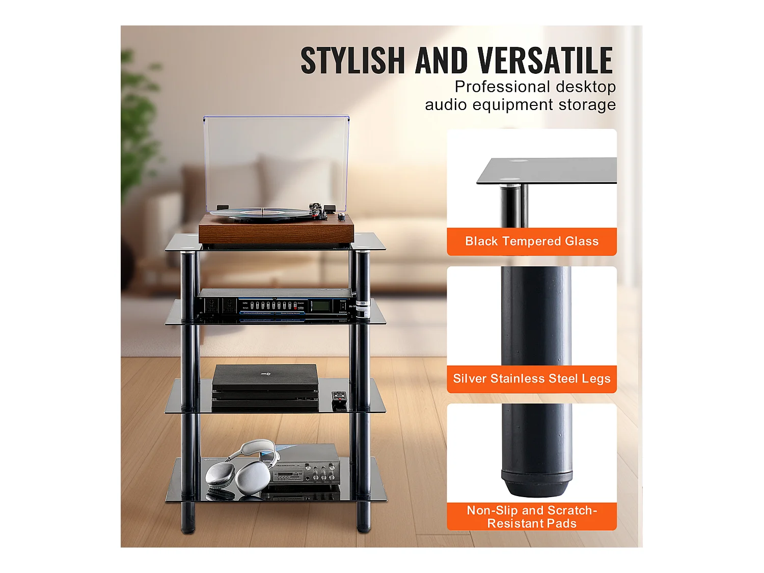 Meuble SucceBuy Support Multimédia AV à 4 Niveaux , Étagère Audio/Video en Verre Trempé pour le Stockage Multimédia