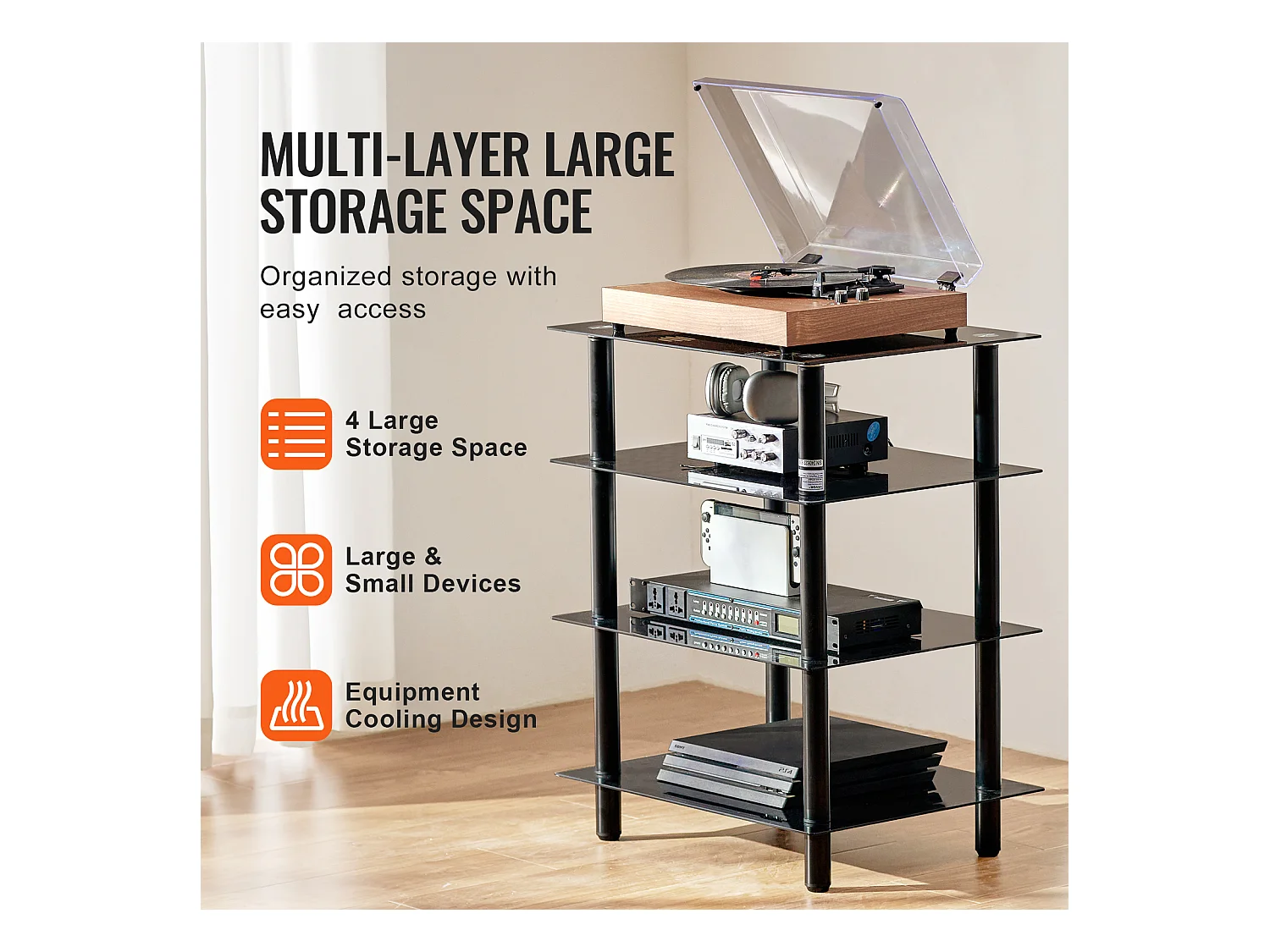 Meuble SucceBuy Support Multimédia AV à 4 Niveaux , Étagère Audio/Video en Verre Trempé pour le Stockage Multimédia