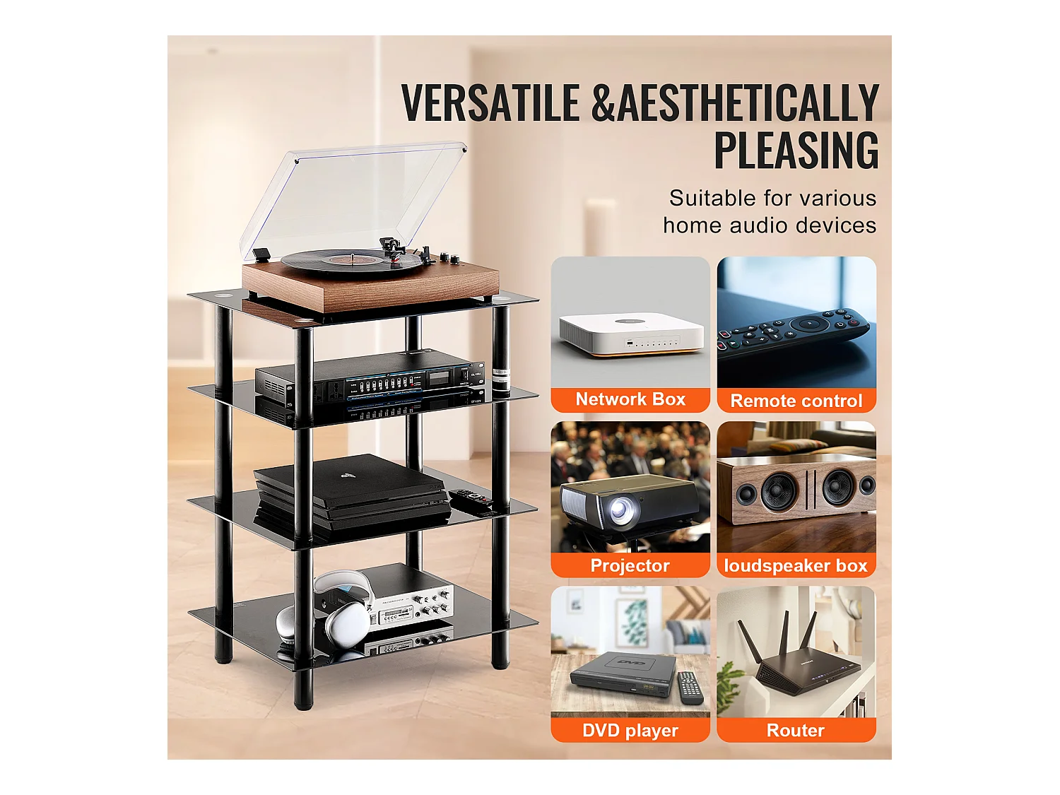 Meuble SucceBuy Support Multimédia AV à 4 Niveaux , Étagère Audio/Video en Verre Trempé pour le Stockage Multimédia