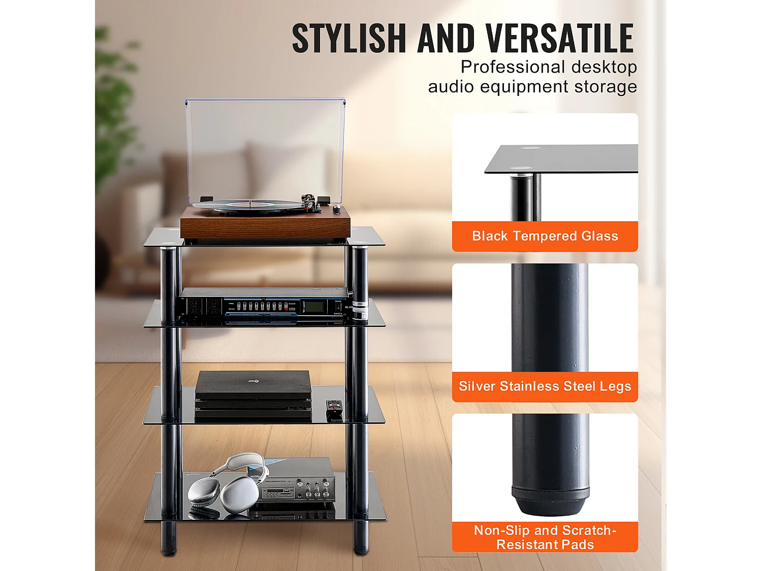 Meuble SucceBuy Support Multimédia AV à 4 Niveaux , Étagère Audio/Video en Verre Trempé pour le Stockage Multimédia