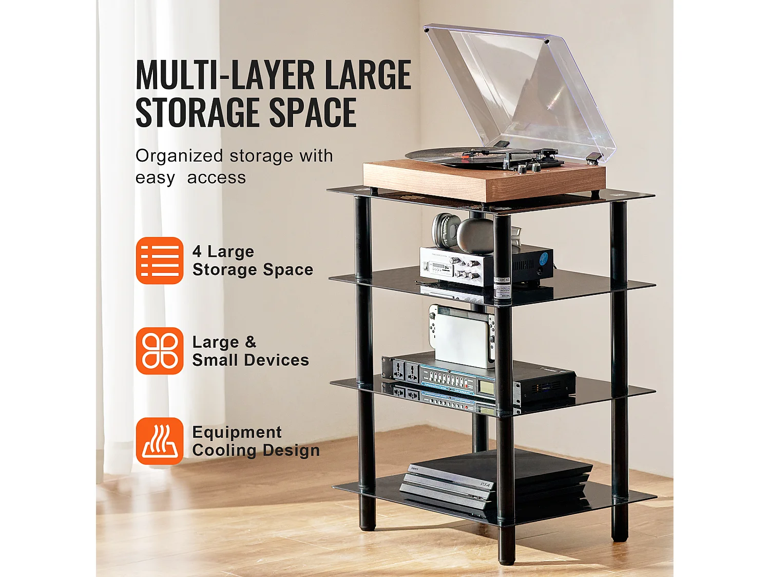 Meuble SucceBuy Support Multimédia AV à 4 Niveaux , Étagère Audio/Video en Verre Trempé pour le Stockage Multimédia