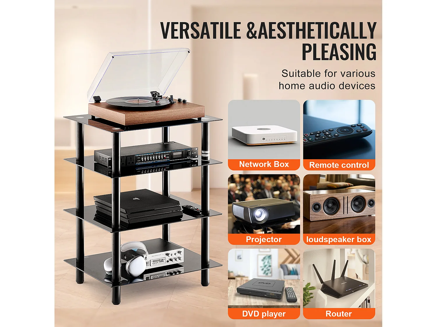 Meuble SucceBuy Support Multimédia AV à 4 Niveaux , Étagère Audio/Video en Verre Trempé pour le Stockage Multimédia