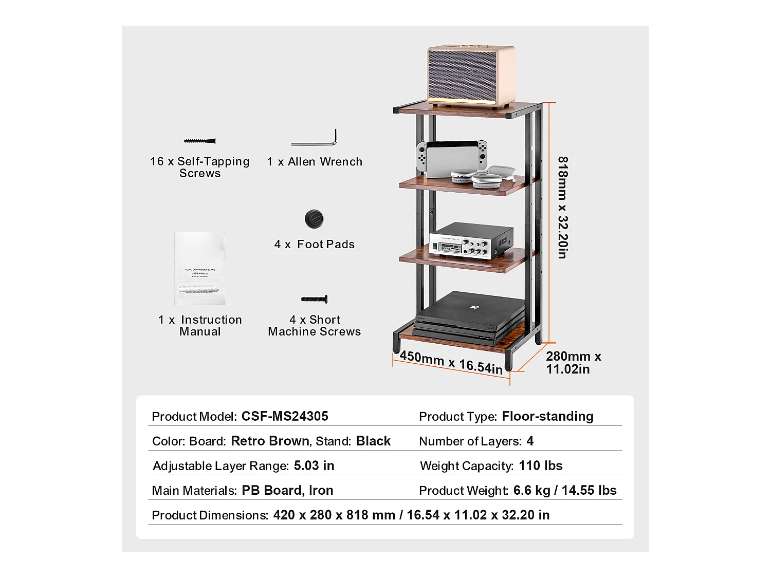 Mobile SucceBuy Supporto Multimediale AV a 4 Livelli , Ripostiglio Audio-Video Regolabile in Legno, Marrone