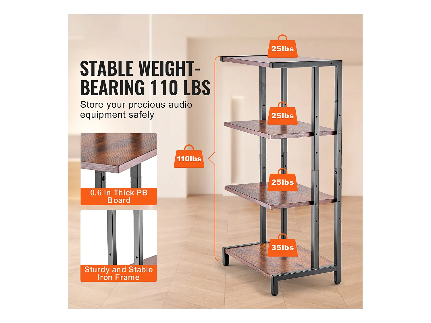 Mobile SucceBuy Supporto Multimediale AV a 4 Livelli , Ripostiglio Audio-Video Regolabile in Legno, Marrone