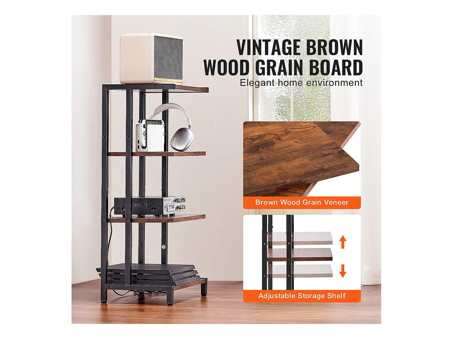 Mobile SucceBuy Supporto Multimediale AV a 4 Livelli , Ripostiglio Audio-Video Regolabile in Legno, Marrone