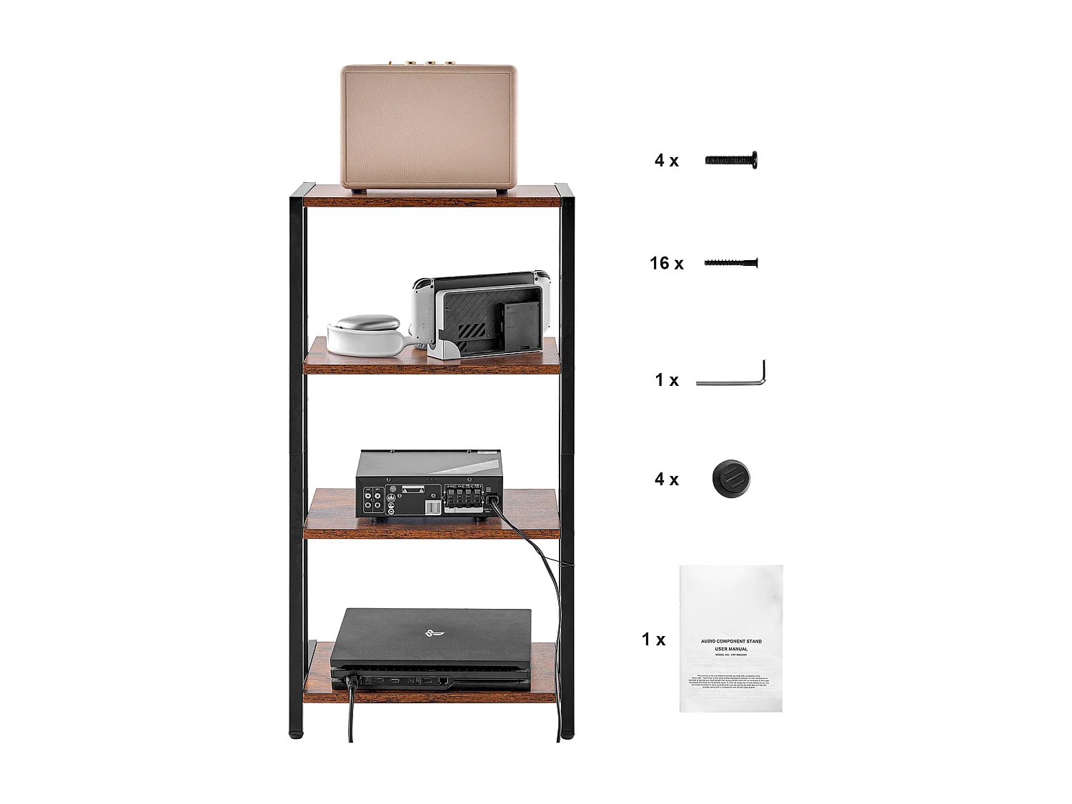 Meuble SucceBuy Support Multimédia AV à 4 Niveaux , Rangement Audio-Vidéo Réglable en Bois, Marron