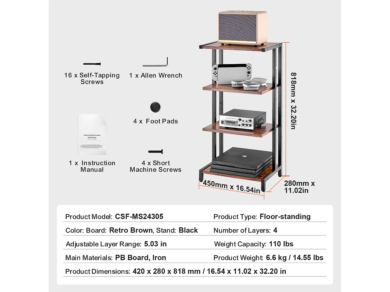 Meuble SucceBuy Support Multimédia AV à 4 Niveaux , Rangement Audio-Vidéo Réglable en Bois, Marron