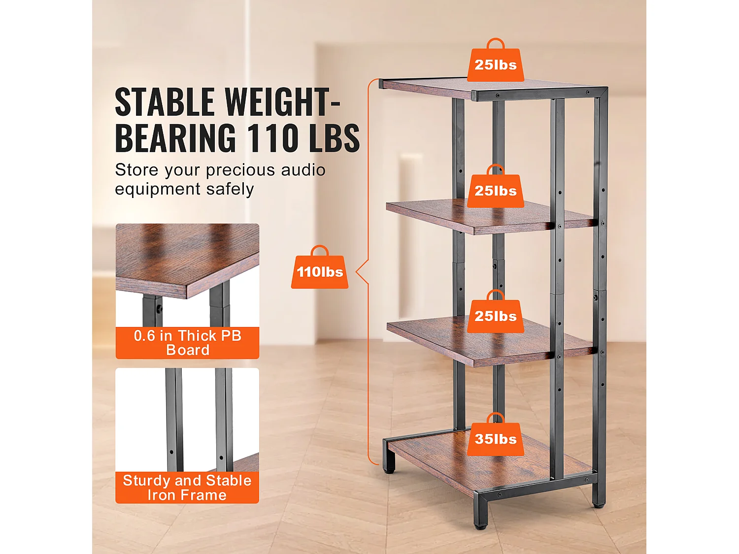 Meuble SucceBuy Support Multimédia AV à 4 Niveaux , Rangement Audio-Vidéo Réglable en Bois, Marron