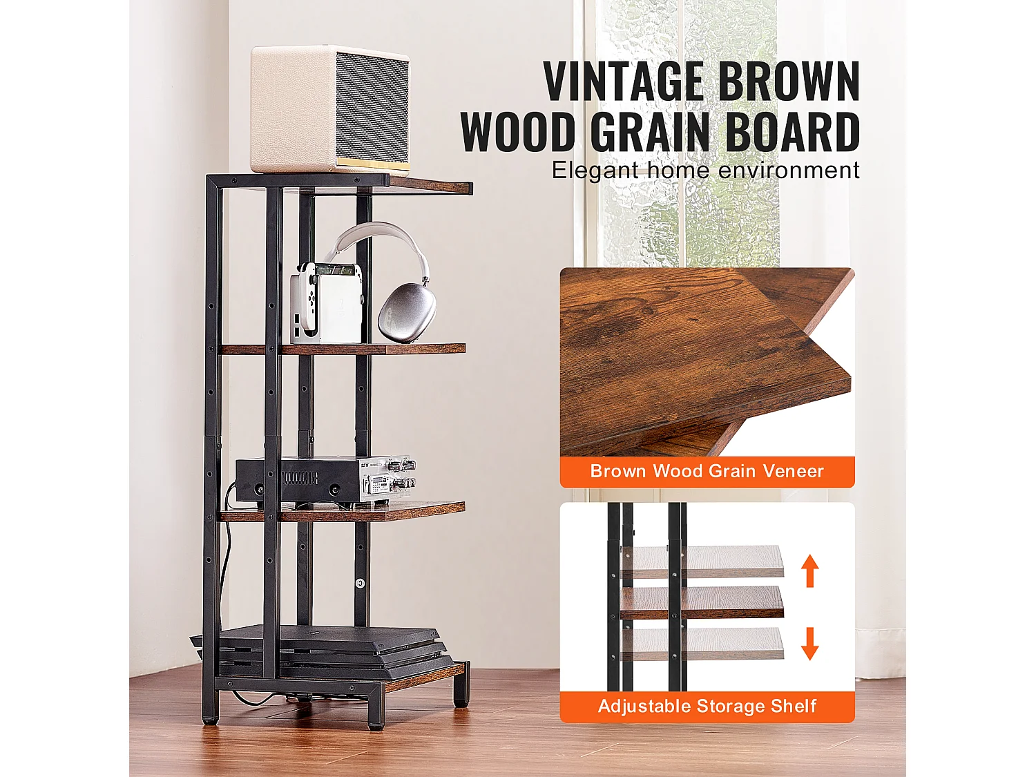 Meuble SucceBuy Support Multimédia AV à 4 Niveaux , Rangement Audio-Vidéo Réglable en Bois, Marron