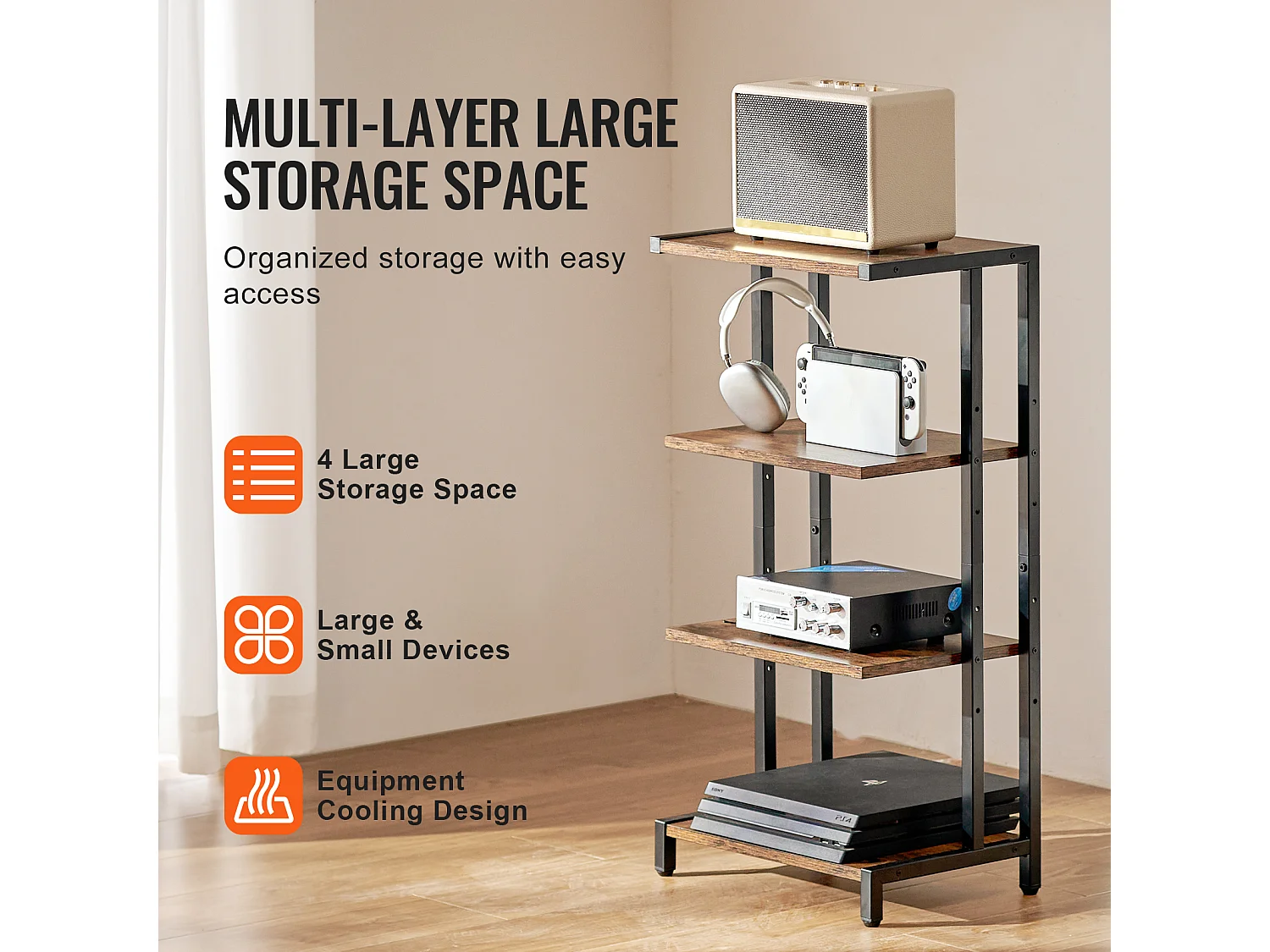 Meuble SucceBuy Support Multimédia AV à 4 Niveaux , Rangement Audio-Vidéo Réglable en Bois, Marron