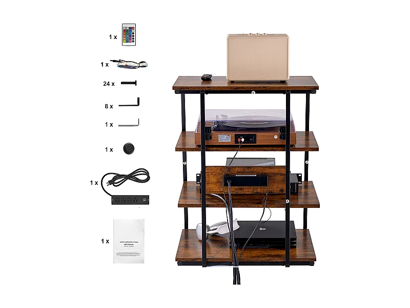 Möbel SucceBuy Multimedia AV-Ständer mit 4 Ebenen und Mehrsteckdose, LED-Winkel-TV-Ständer aus Holz