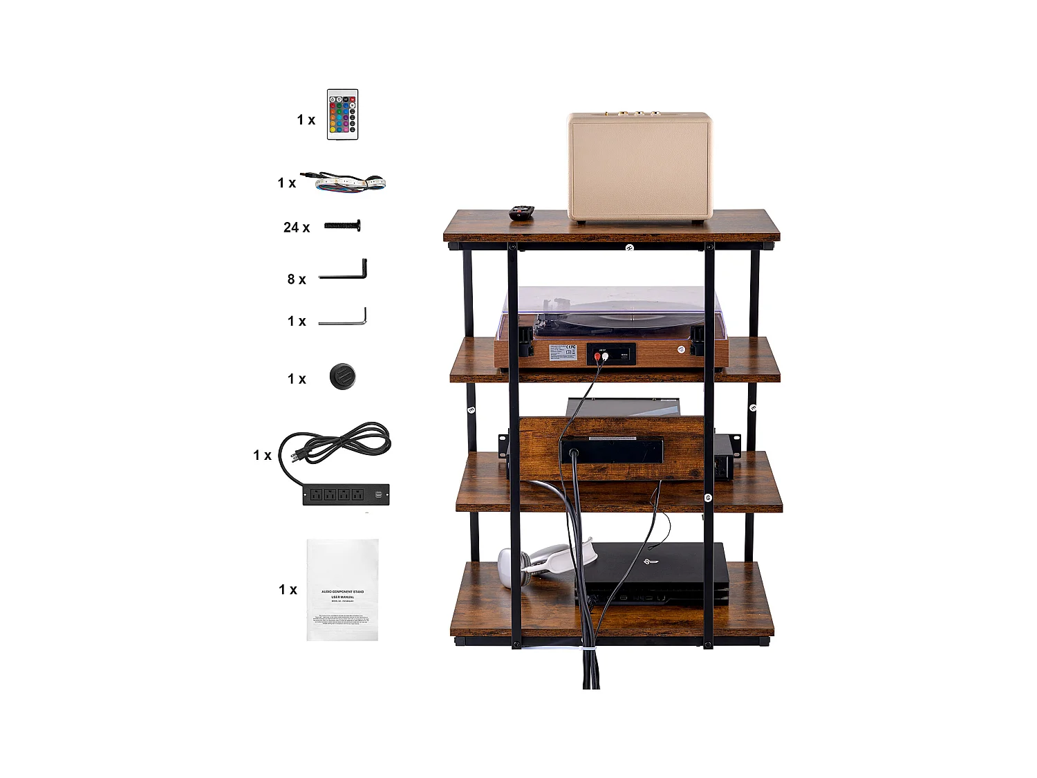 Meuble SucceBuy Support Multimédia AV à 4 Niveaux avec Multiprises, Support TV d'Angle LED en Bois