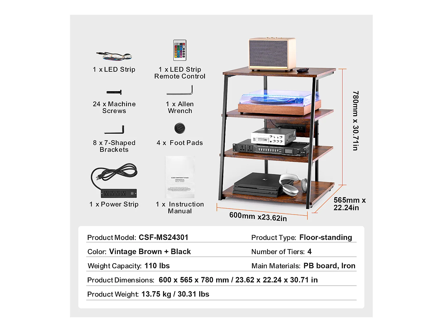 Meuble SucceBuy Support Multimédia AV à 4 Niveaux avec Multiprises, Support TV d'Angle LED en Bois