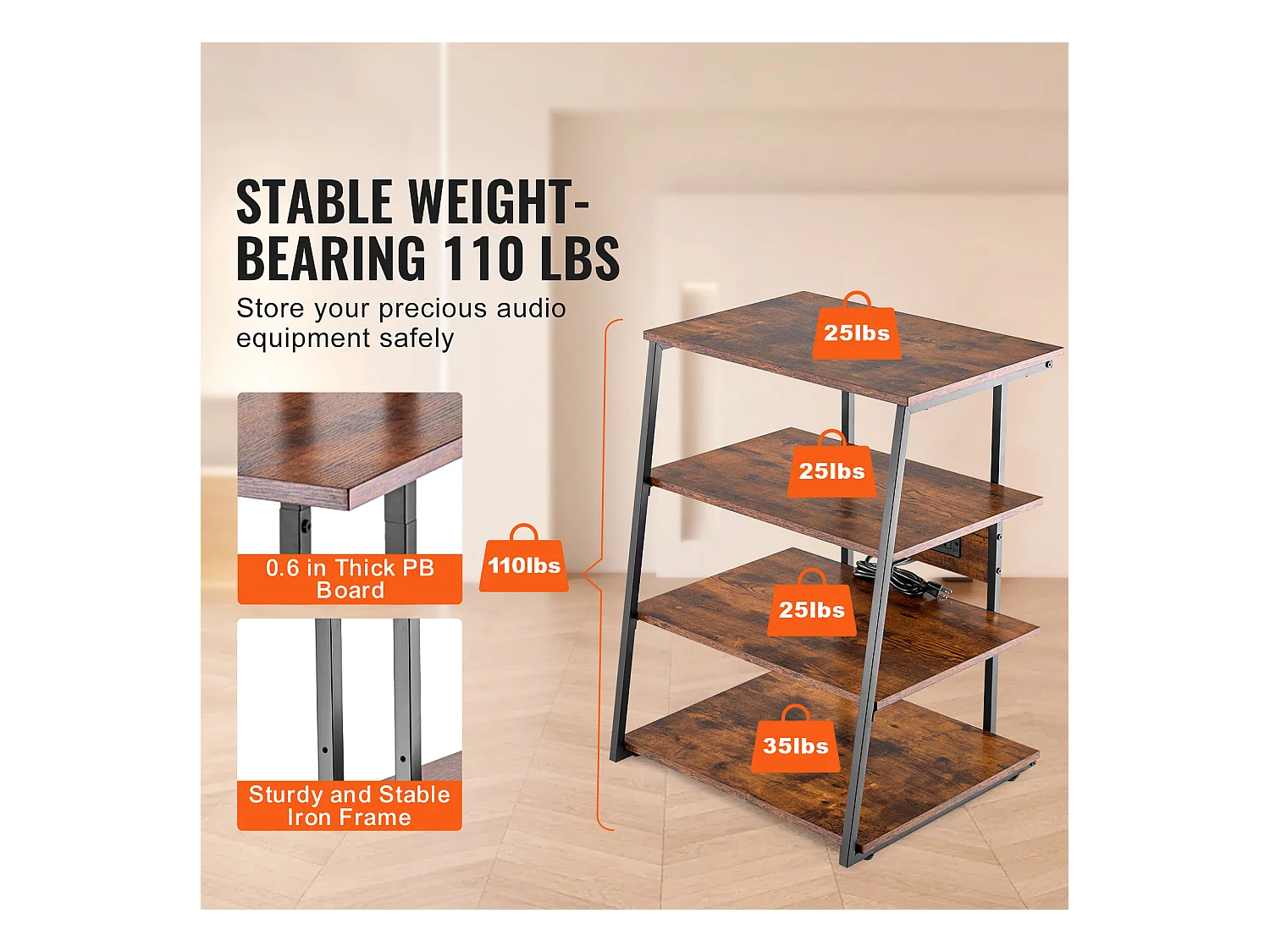 Meuble SucceBuy Support Multimédia AV à 4 Niveaux avec Multiprises, Support TV d'Angle LED en Bois