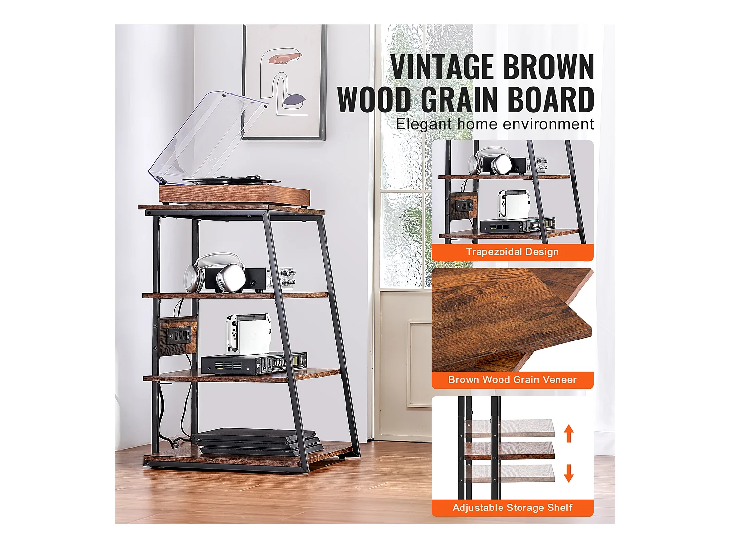 Meuble SucceBuy Support Multimédia AV à 4 Niveaux avec Multiprises, Support TV d'Angle LED en Bois