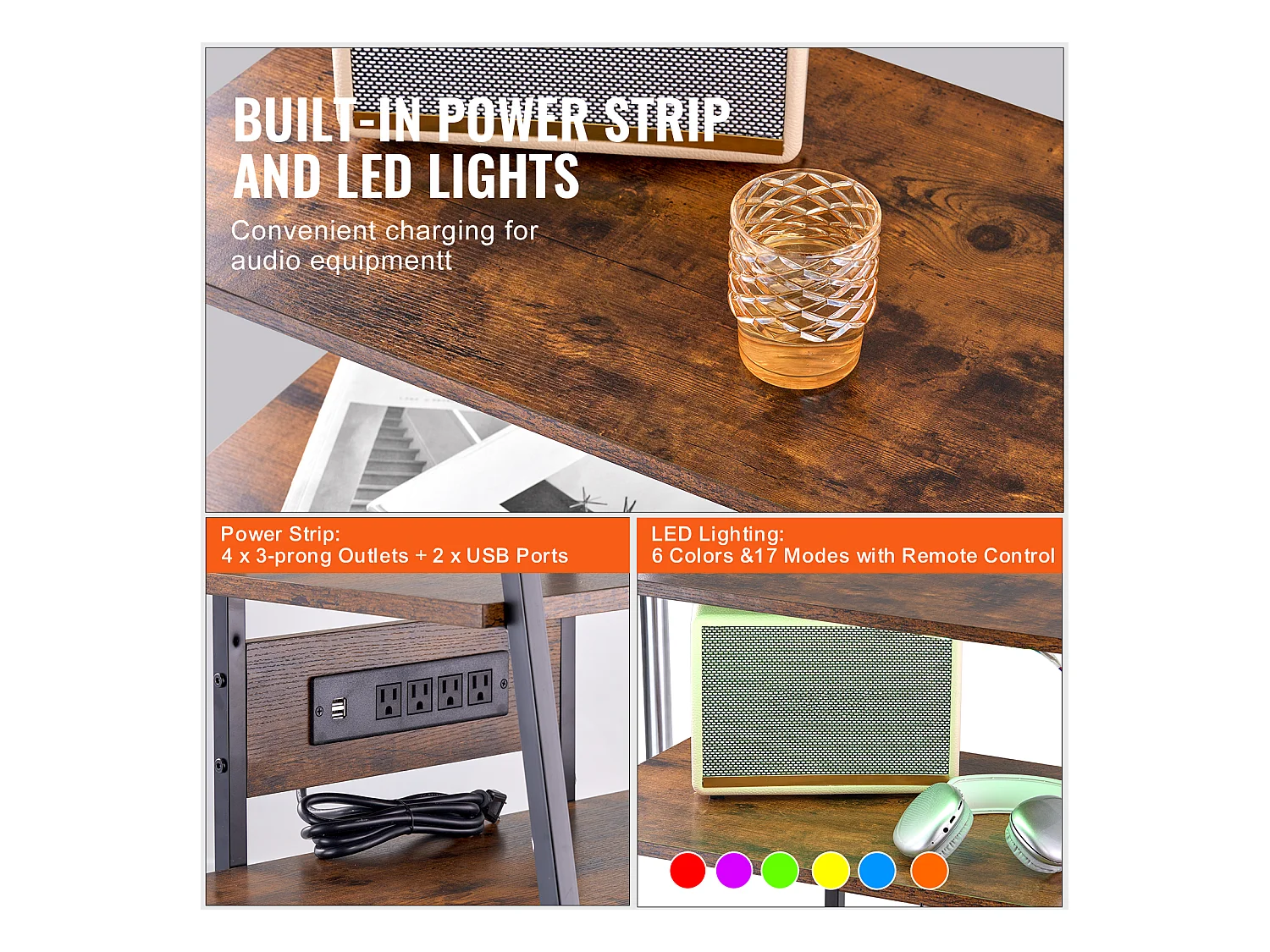 Meuble SucceBuy Support Multimédia AV à 4 Niveaux avec Multiprises, Support TV d'Angle LED en Bois