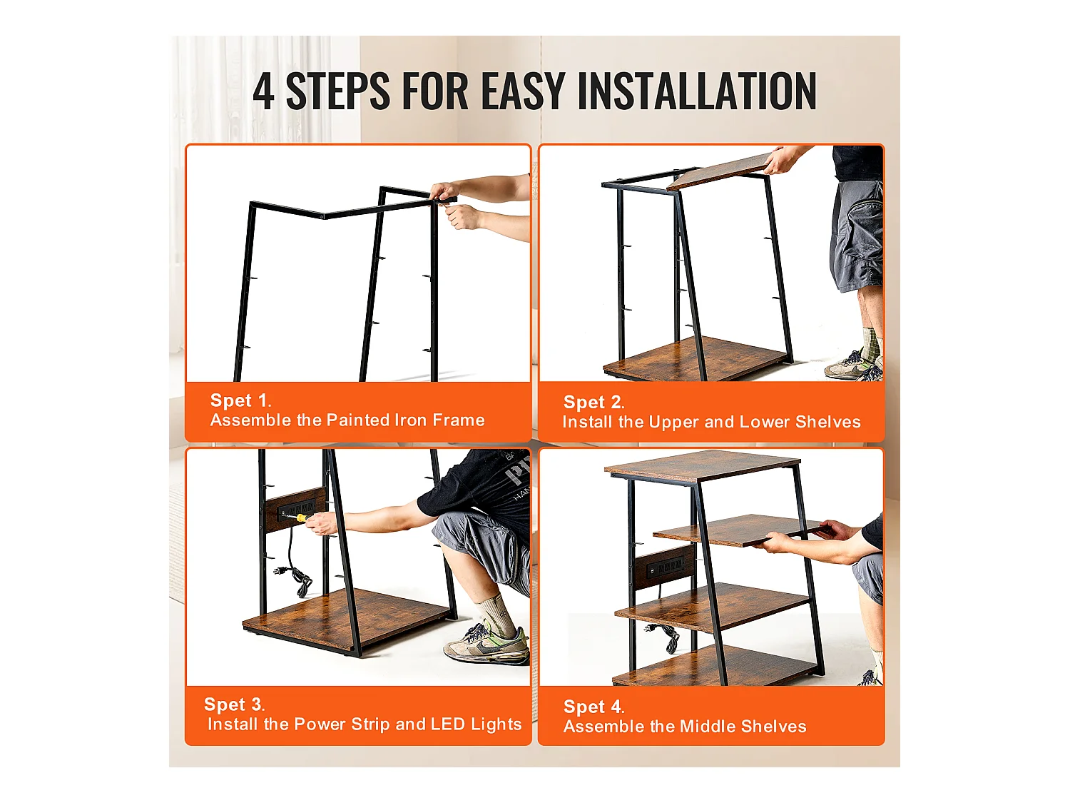 Meuble SucceBuy Support Multimédia AV à 4 Niveaux avec Multiprises, Support TV d'Angle LED en Bois