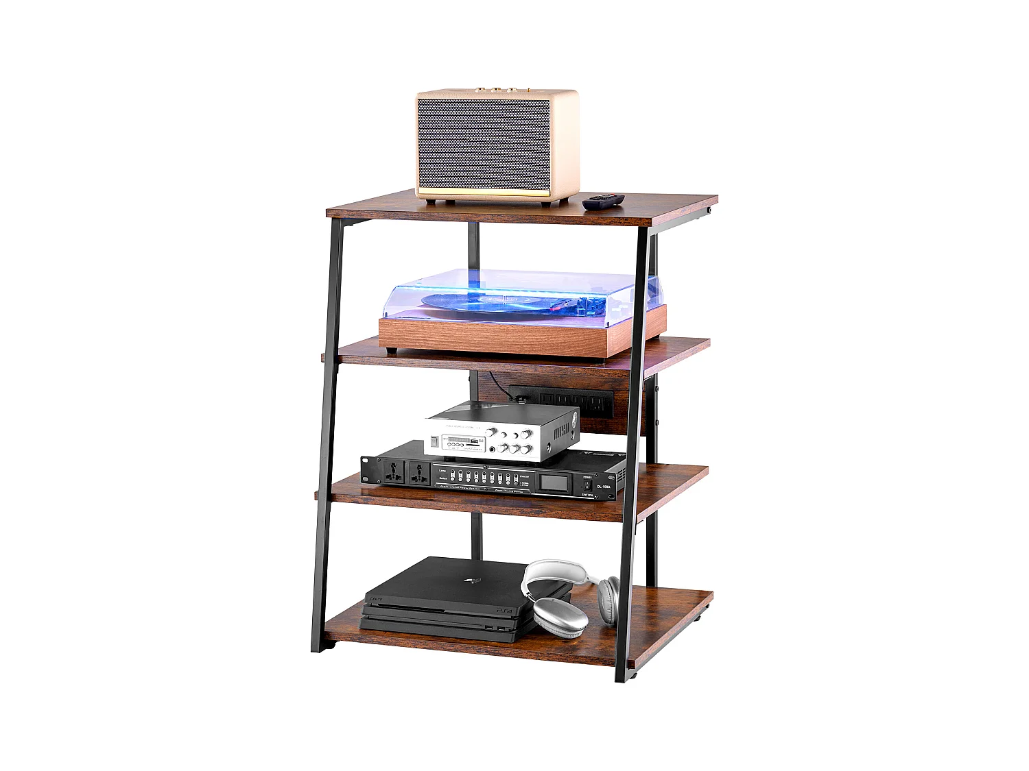 Meuble SucceBuy Support Multimédia AV à 4 Niveaux avec Multiprises, Support TV d'Angle LED en Bois