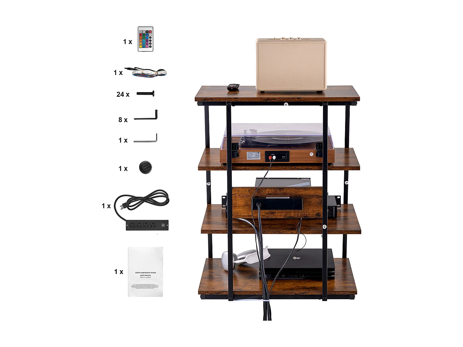 Meuble SucceBuy Support Multimédia AV à 4 Niveaux avec Multiprises, Support TV d'Angle LED en Bois