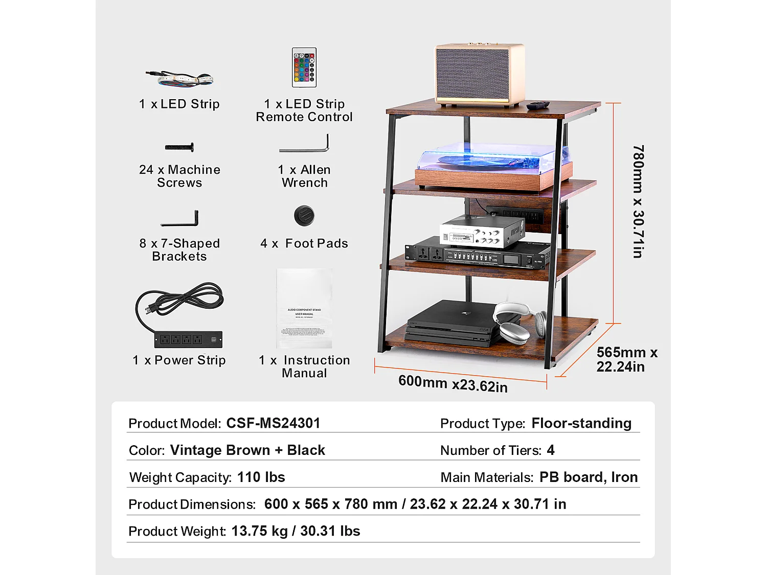 Meuble SucceBuy Support Multimédia AV à 4 Niveaux avec Multiprises, Support TV d'Angle LED en Bois