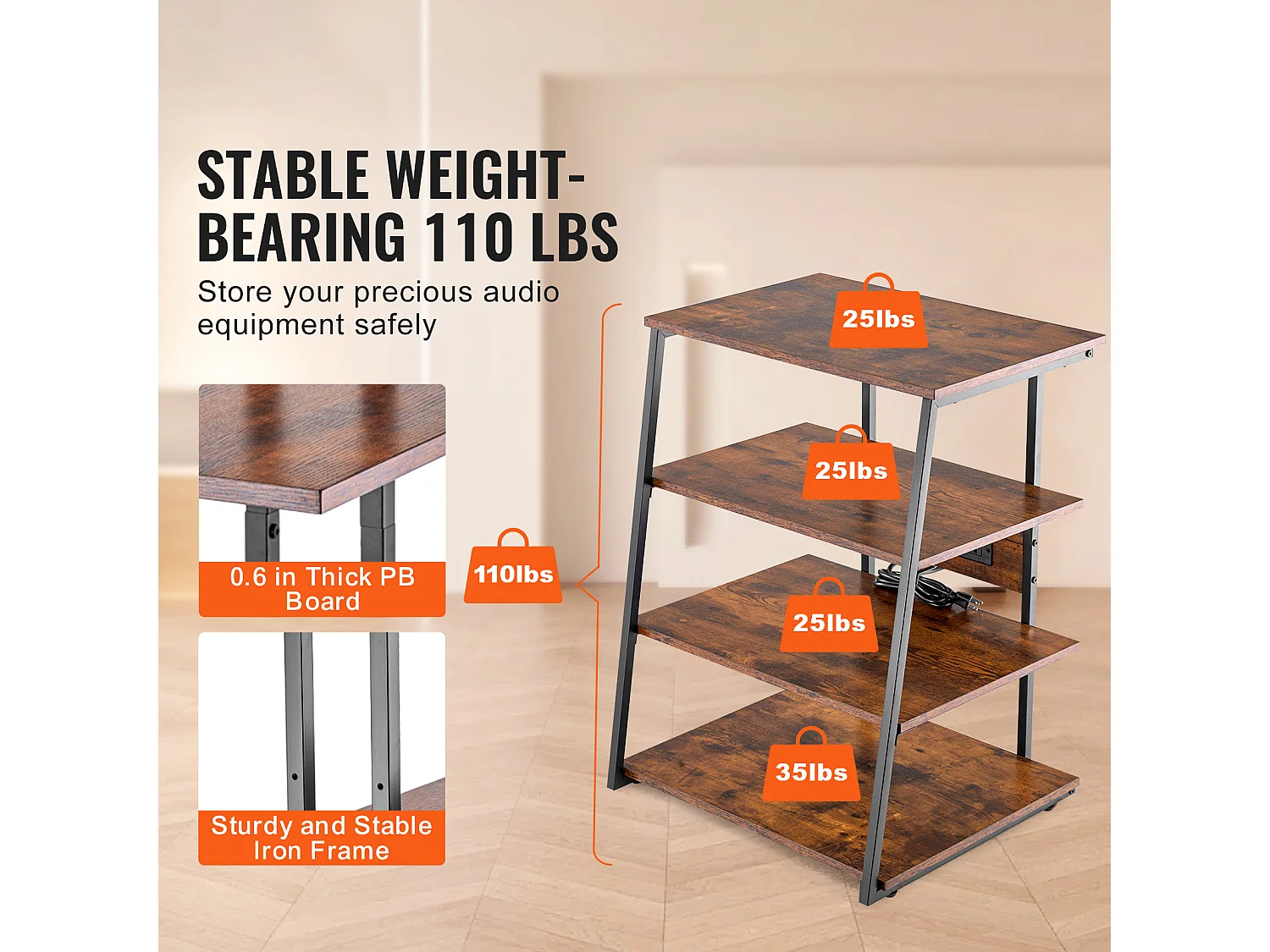 Meuble SucceBuy Support Multimédia AV à 4 Niveaux avec Multiprises, Support TV d'Angle LED en Bois