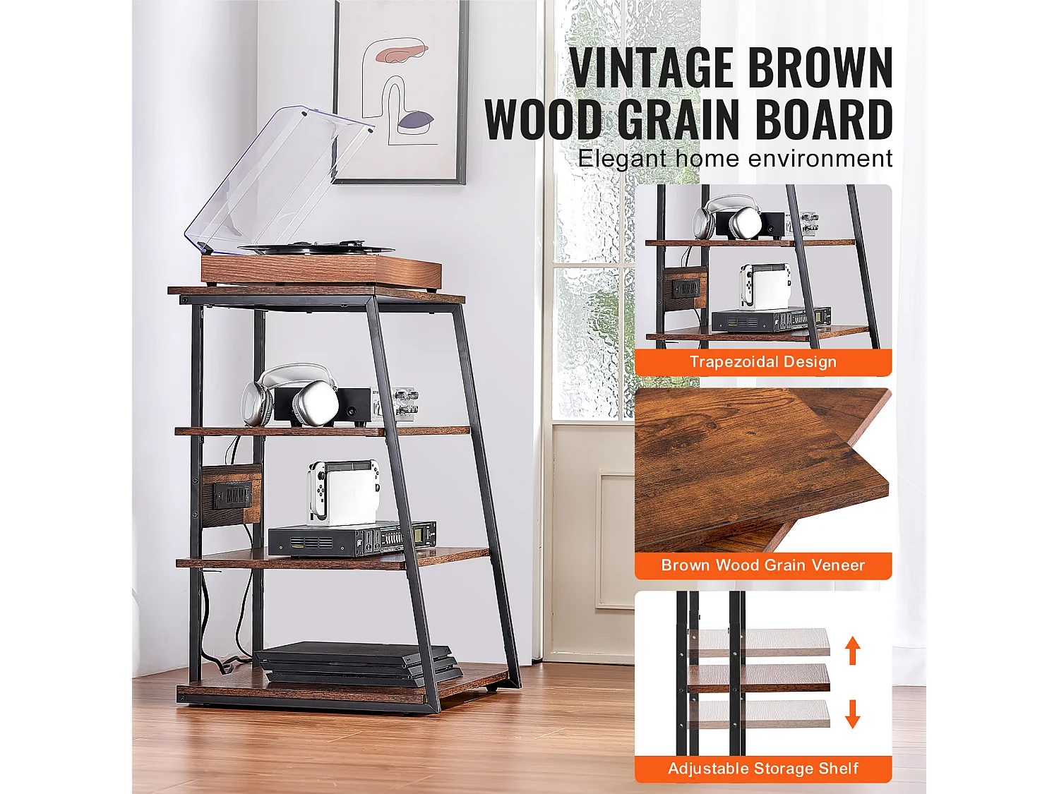 Meuble SucceBuy Support Multimédia AV à 4 Niveaux avec Multiprises, Support TV d'Angle LED en Bois