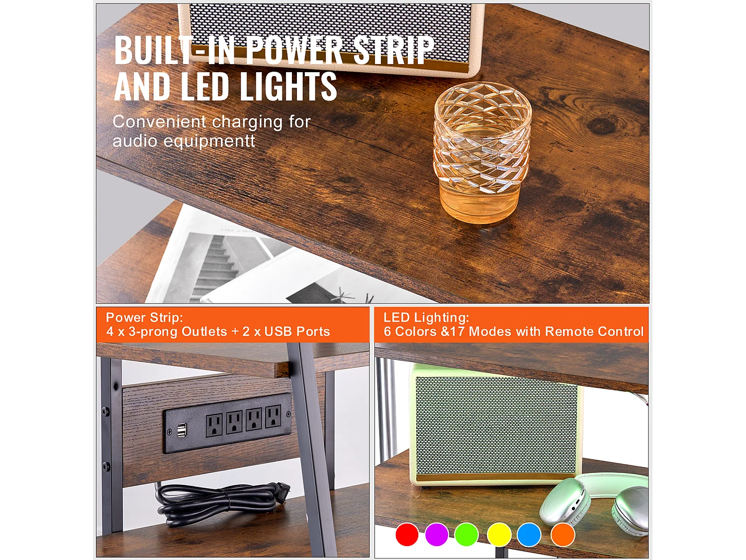 Meuble SucceBuy Support Multimédia AV à 4 Niveaux avec Multiprises, Support TV d'Angle LED en Bois