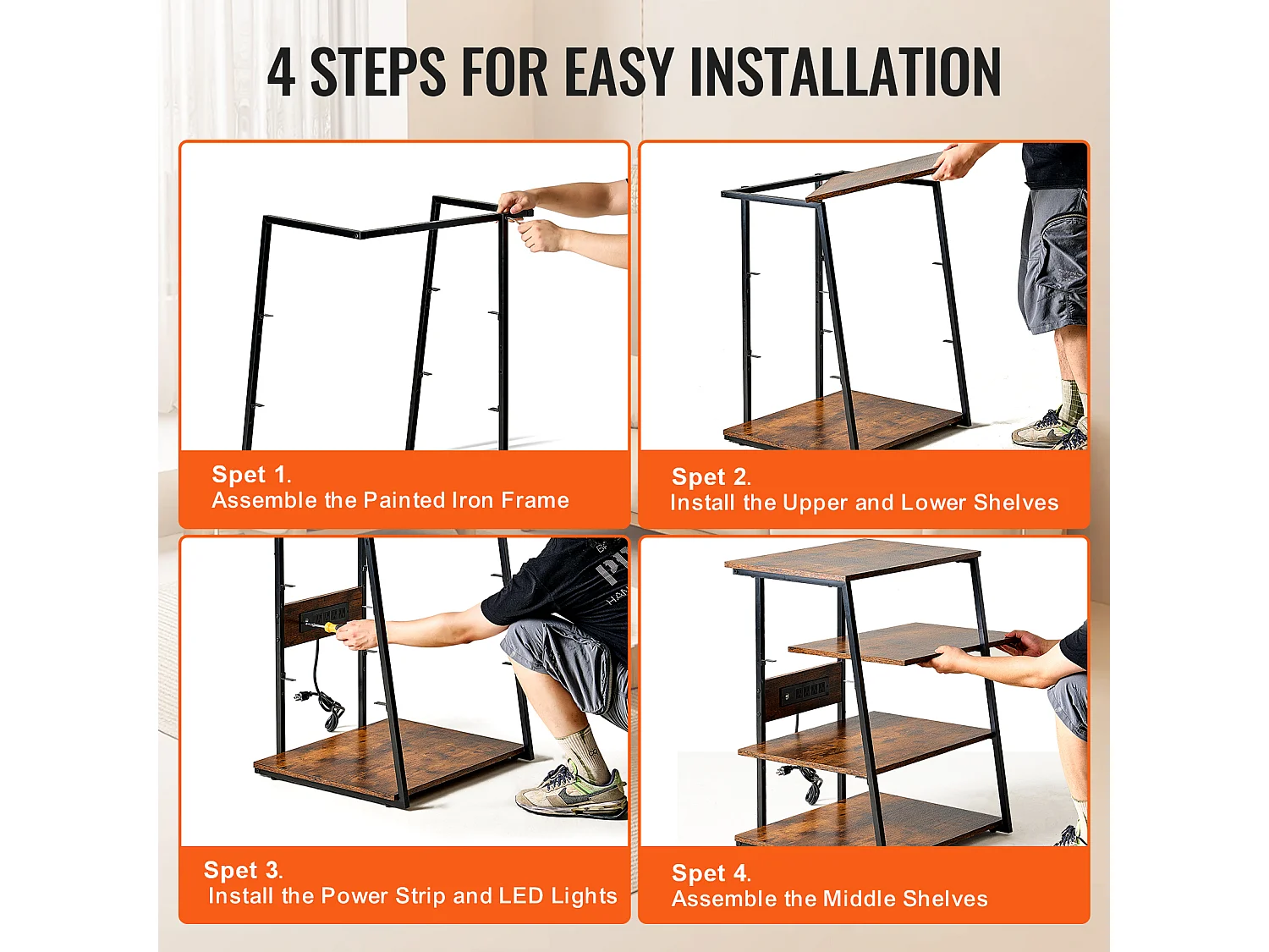 Meuble SucceBuy Support Multimédia AV à 4 Niveaux avec Multiprises, Support TV d'Angle LED en Bois