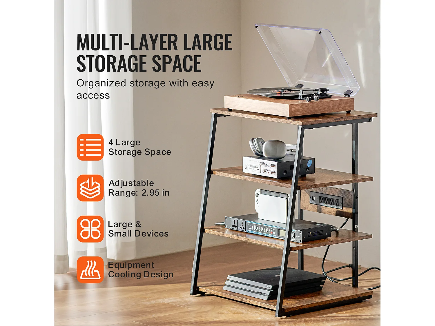 Meuble SucceBuy Support Multimédia AV à 4 Niveaux avec Multiprises, Support TV d'Angle LED en Bois