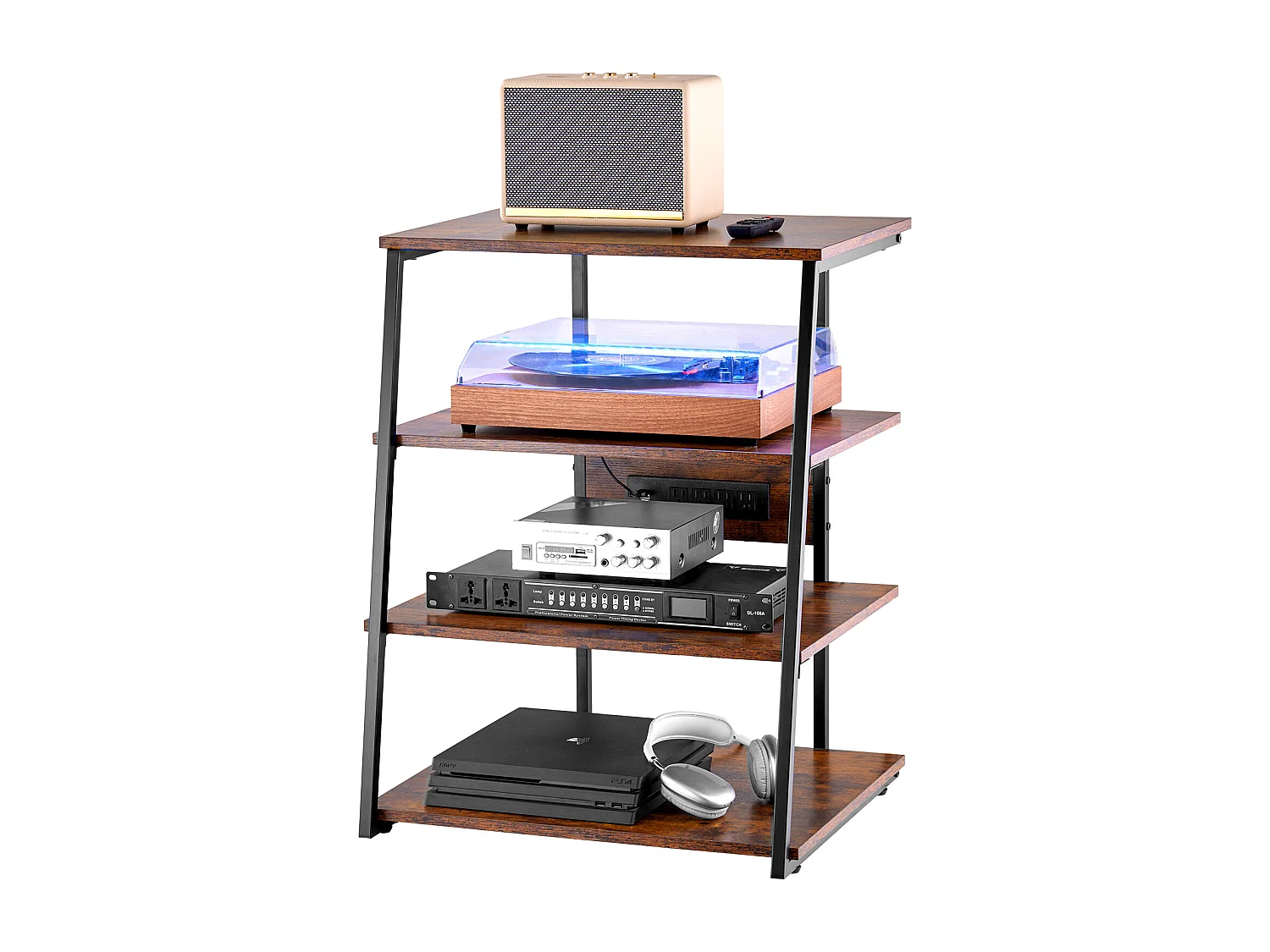 Meuble SucceBuy Support Multimédia AV à 4 Niveaux avec Multiprises, Support TV d'Angle LED en Bois