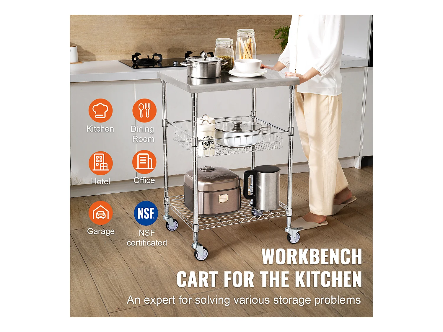 Chariot utilitaire SucceBuy 61 x 50 x 93 cm, 213 kg, 3 niveaux, 6 crochets, chariot à roulettes sur roulettes