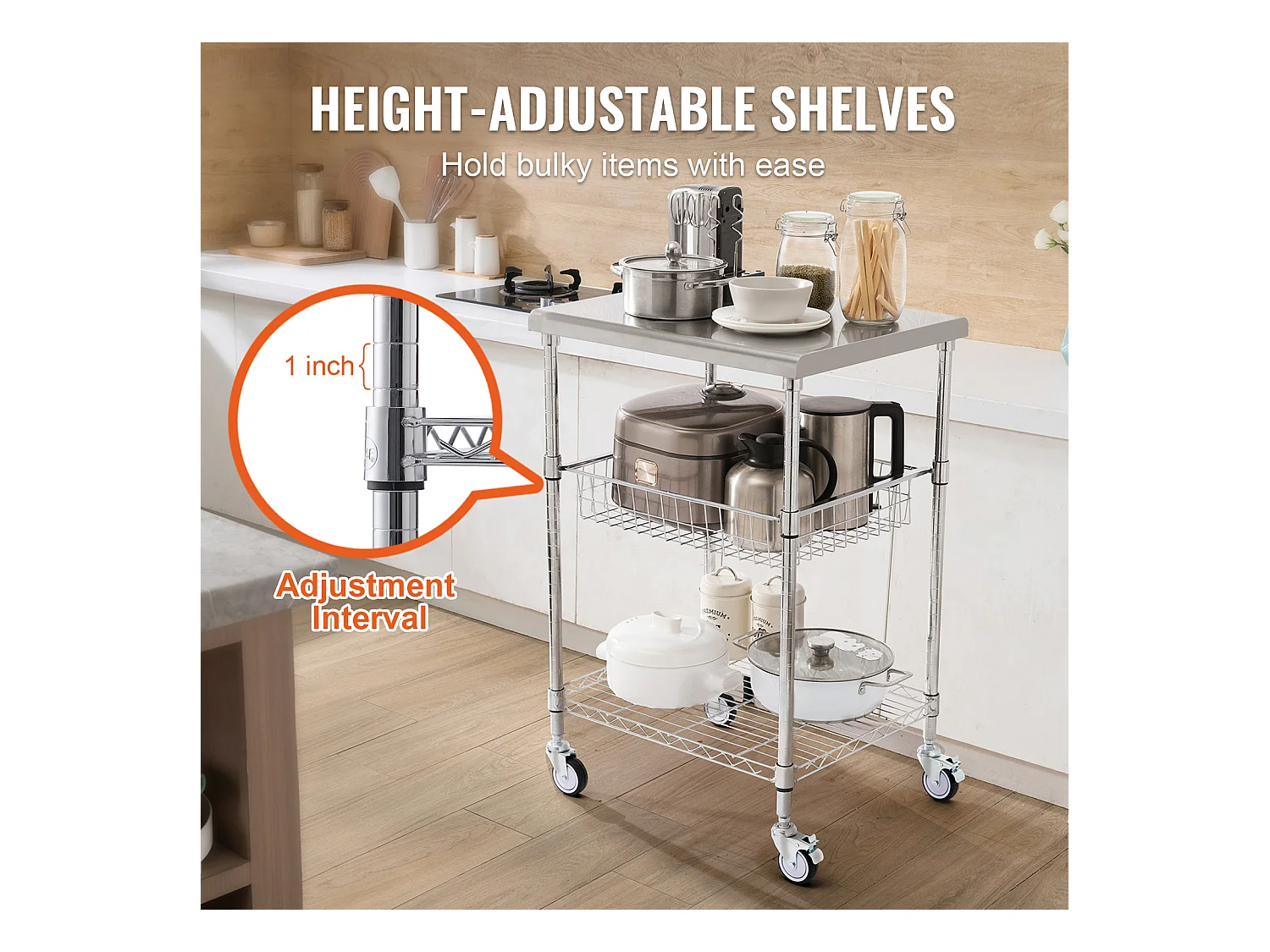 Chariot utilitaire SucceBuy 61 x 50 x 93 cm, 213 kg, 3 niveaux, 6 crochets, chariot à roulettes sur roulettes